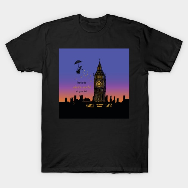 Mary Poppins Whole World at your Feet Sunset Silhouette Linocut T-Shirt by Maddybennettart